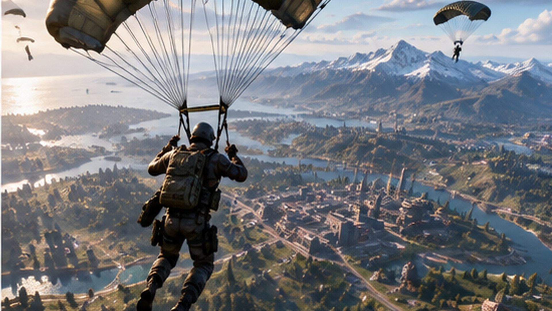 Battle royale gameplay, player descending by parachute over a huge map