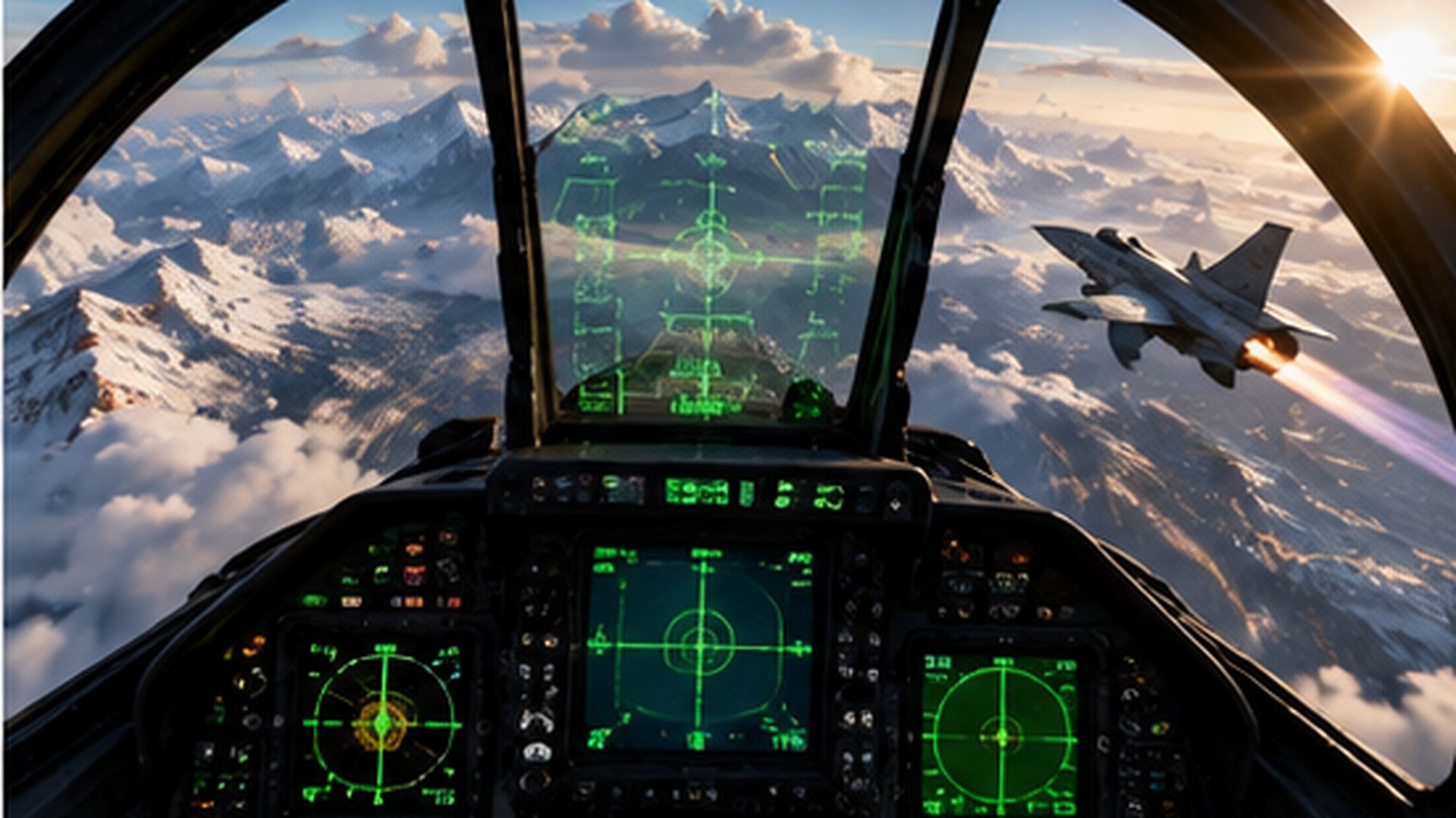 Flight sim cockpit view with HUD, jet flying over mountains