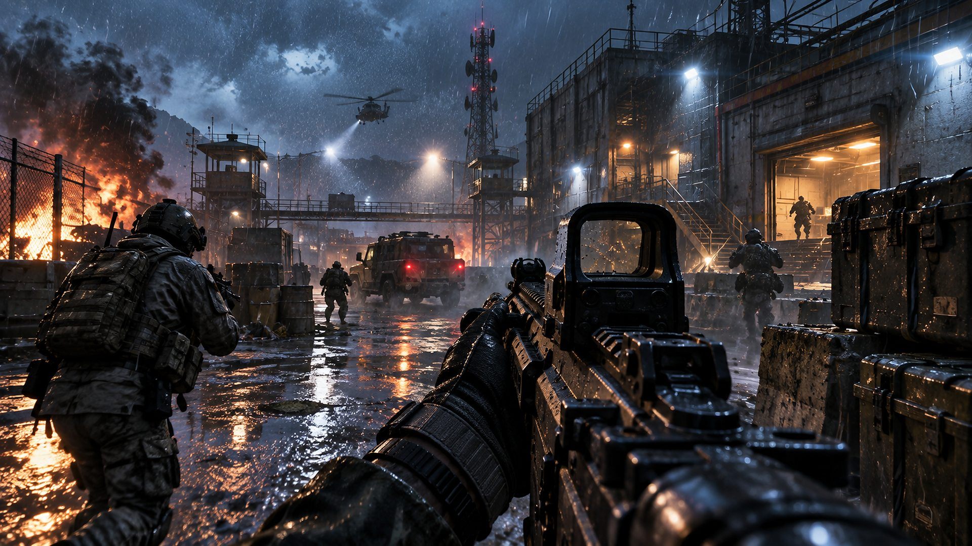Tactical FPS gameplay, first-person, rainy industrial district