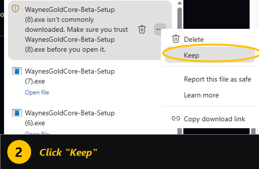 Step 2: click Keep in the expanded download menu
