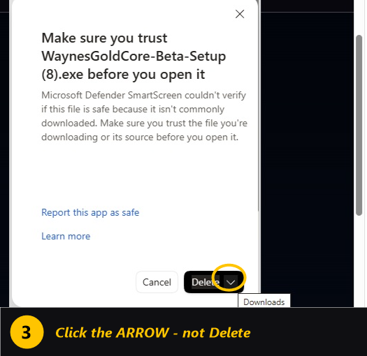 Step 3: click the small arrow next to Delete, not Delete itself, then choose Keep anyway