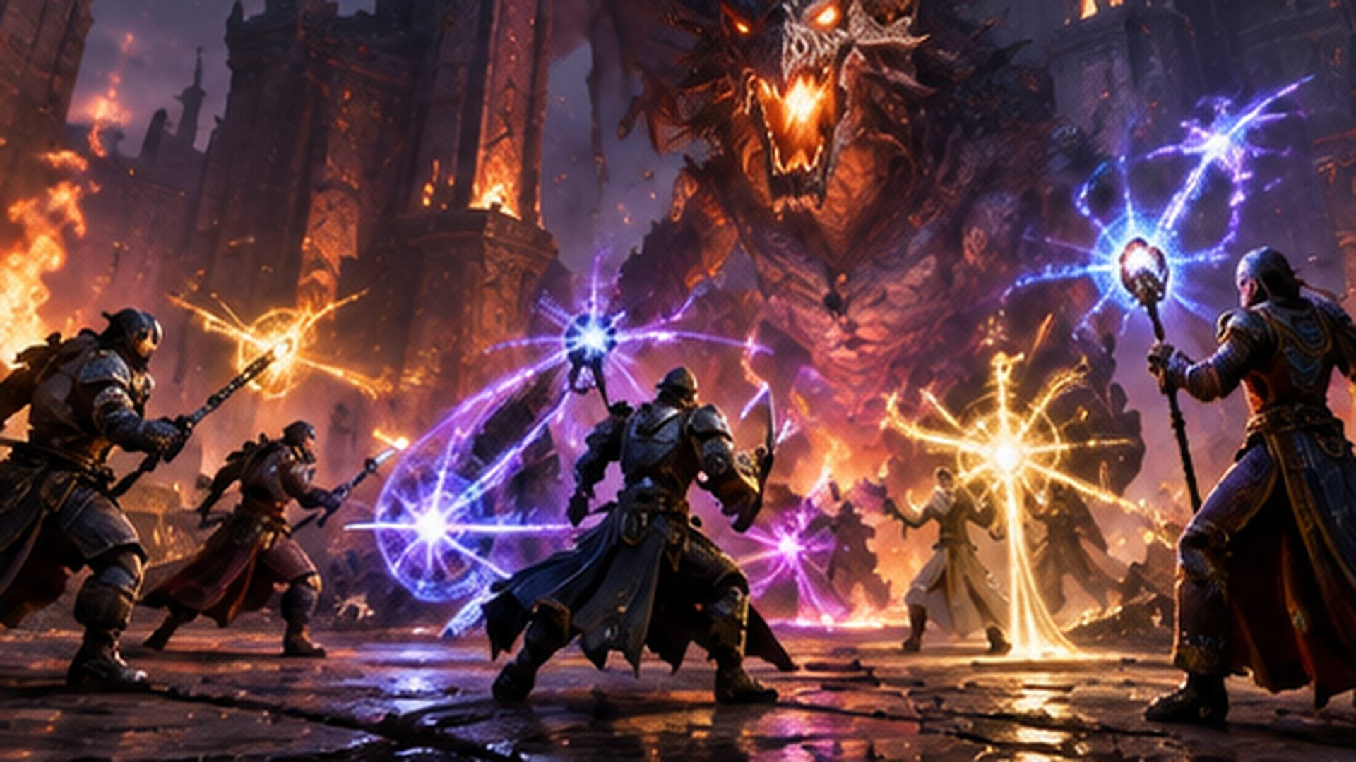 MMORPG raid encounter, party of players fighting a huge boss