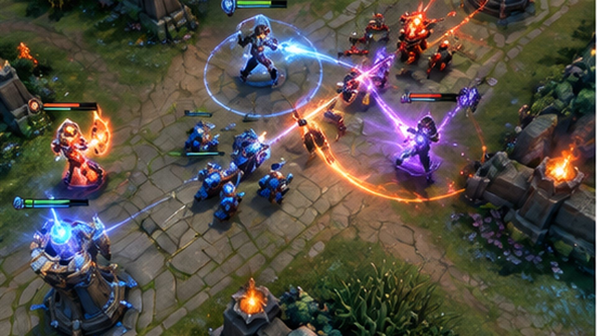 MOBA teamfight, isometric gameplay view with spell effects