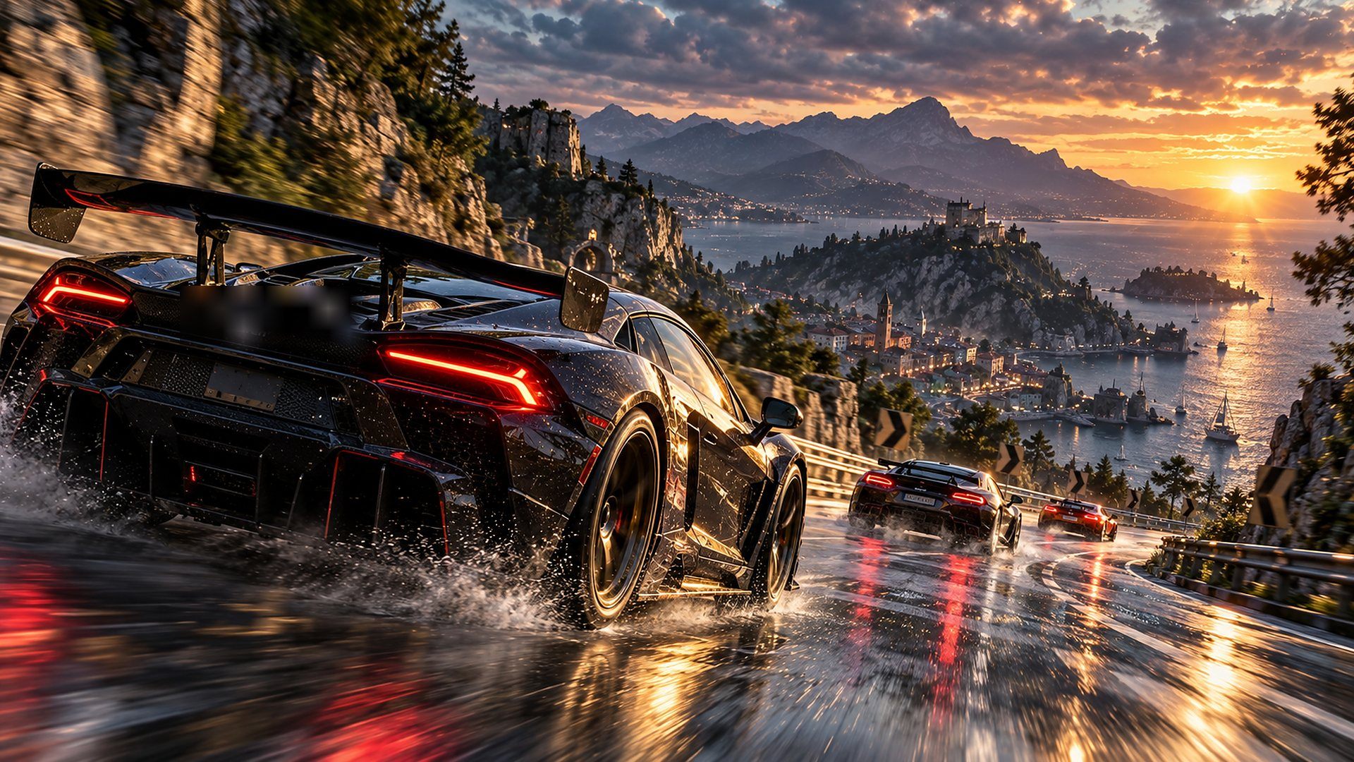 Racing game gameplay, GT car sliding through a wet mountain corner at sunset